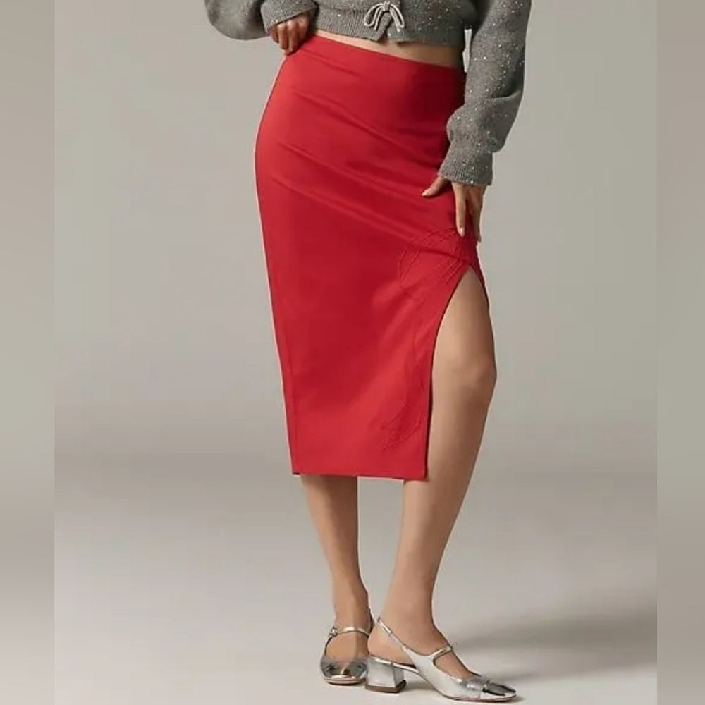 Anthropologie Maeve Bombshell Bow Midi Pencil Skirt In Red Size Large NWT - Picture 2 of 14